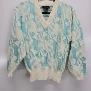 VTG Counterparts V-neck Knit Sweater Womans‎ L Grometric Pattern Blue Ivory 80s